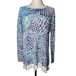 Lilly Pulitzer Small Ramona Fringe Sweater Tang Gang Fringe Blue Fish